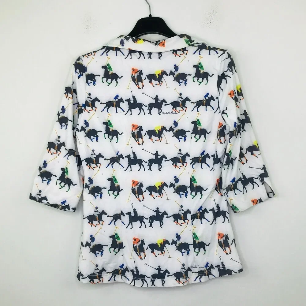 Michelle Parisou M Popover Shirt White Horse Polo Jockey Equestrian NWT CL17
